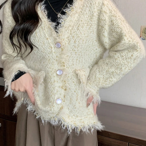 Load image into Gallery viewer, Tassel Knitted Women&#39;s Sweater Autumn Winter Korean New Chic Female Cardigan Coat Woman Beige Sweaters Single-breasted
