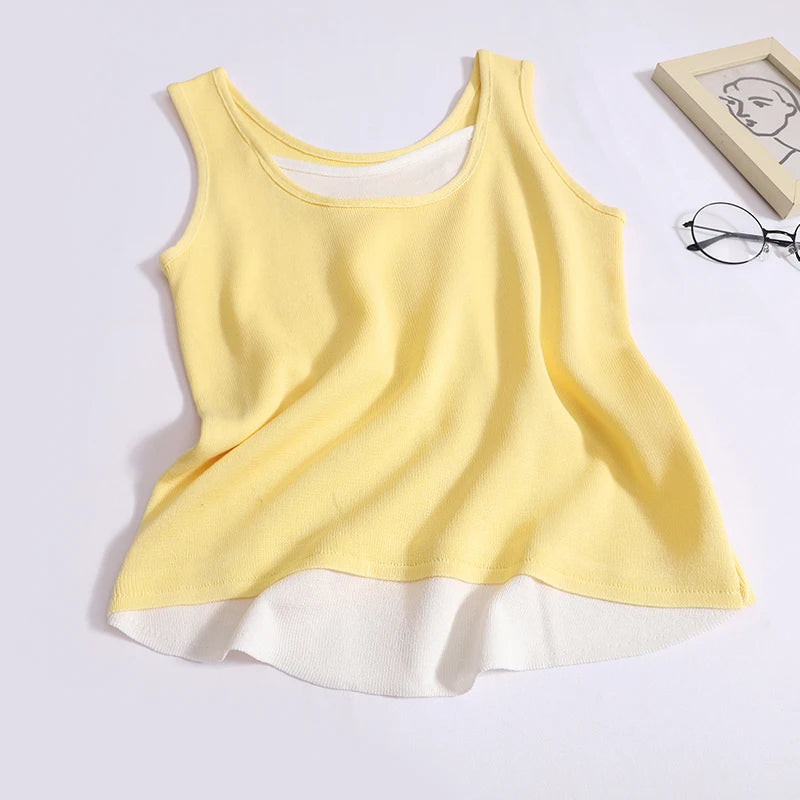 Summer Women Patchwork Backless Sleeveless Knit Vest Korean Sexy Club Asymmetrical Tank Tops Vintage Fashion Versatile Clothes