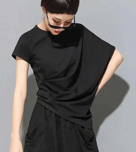 Women Black Asymmetric Pleated Big Size T-shirt New Round Neck Batwing Sleeve Fashion Tide Spring Summer 2025 1DF4667