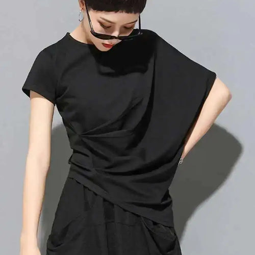 Load image into Gallery viewer, Women Black Asymmetric Pleated Big Size T-shirt New Round Neck Batwing Sleeve Fashion Tide Spring Summer 2025 1DF4667
