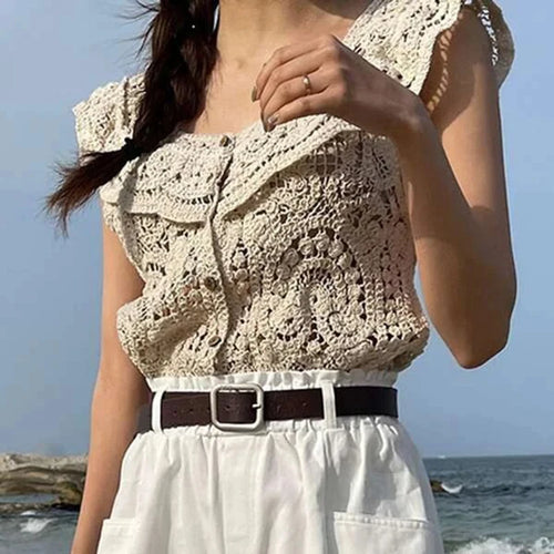Load image into Gallery viewer, Crochet Crop Top Women Summer Clothes Cutout V Neck Fly Sleeve Buttons T Shirt Vest y2k Clothing Beach Streetwear
