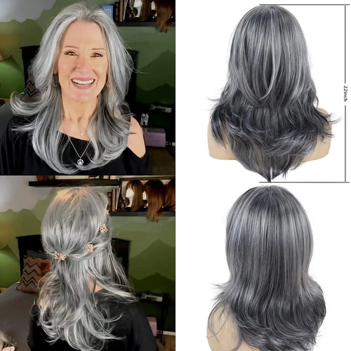 Load image into Gallery viewer, Synthetic Wig With Curtain Bangs Long Layered Wig Natural Silver Gray Wigs Women Salt and Pepper Hair Halloween Costume
