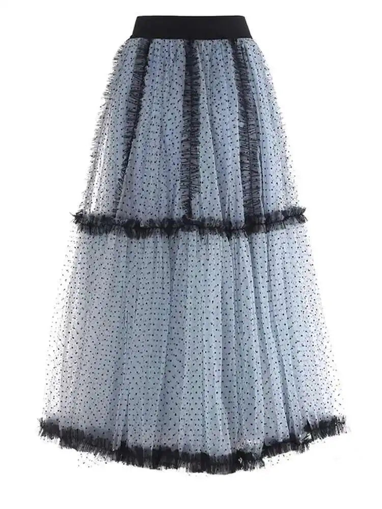 High Elastic Waist Red Dot Mesh Ruffles Elegant A-line Half-body Skirt Women Fashion Tide New Spring Autumn 2025 1DH6335
