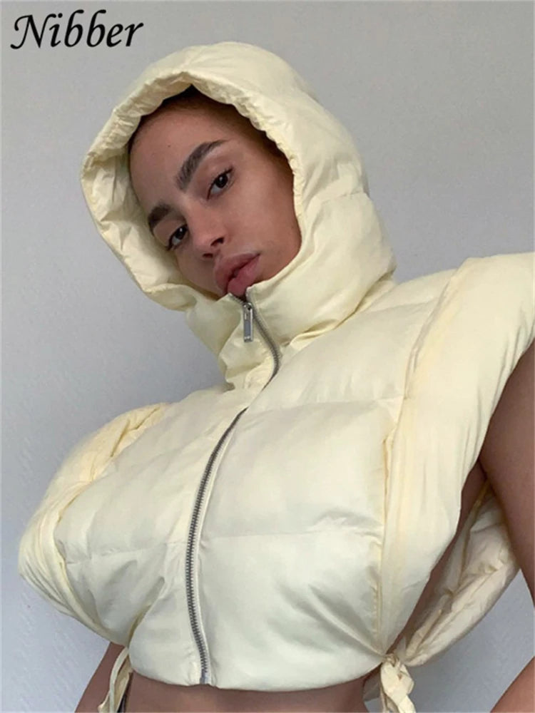 Solid Color Hooded Bread Jacket Sleeveless Vest Coat Cotton Fashion Casual Street Style For Women Daily Outing Wear