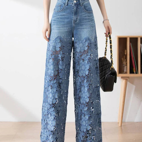 Load image into Gallery viewer, Solid Hollow Out Denim Pant For Women High Waist Patchwork Lace Casual Full Length Pants Female Fashion Clothes
