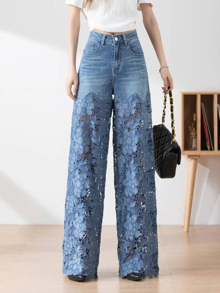 Solid Hollow Out Denim Pant For Women High Waist Patchwork Lace Casual Full Length Pants Female Fashion Clothes