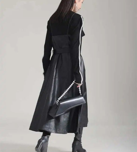 Women Black Pu Leather Belted Long A-line Dress New V-Neck Sleeveless Loose Fit Fashion Tide Spring Autumn 2025 1DH2000