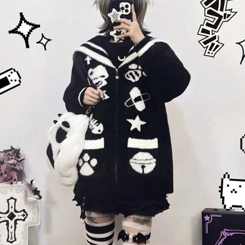 Load image into Gallery viewer, Streetwear Cartoon Jacquard Vintage Fluffy Coats Women Loose Sweet Y2k Aesthetic Zipper Top Japanese Kawaii Gothic Casual Jacket
