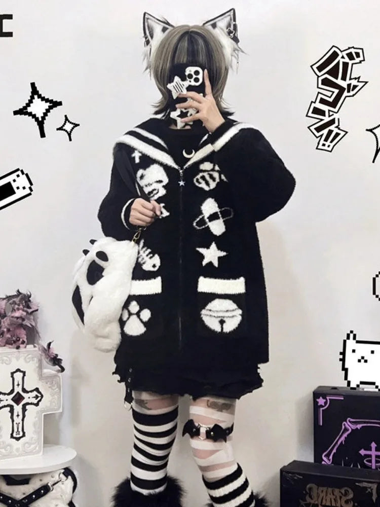Streetwear Cartoon Jacquard Vintage Fluffy Coats Women Loose Sweet Y2k Aesthetic Zipper Top Japanese Kawaii Gothic Casual Jacket
