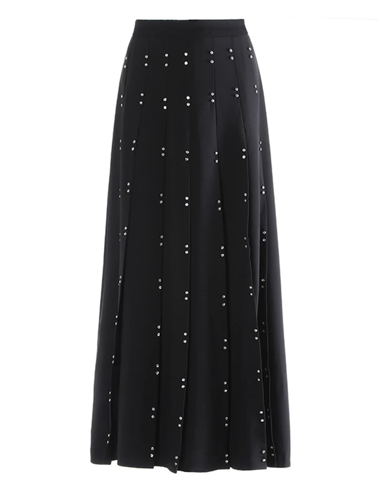 High Waist Rose Red Rivet Pleated Elegant Long A-line Half-body Skirt Women Fashion Tide New Spring Autumn 2025 1DJ0915