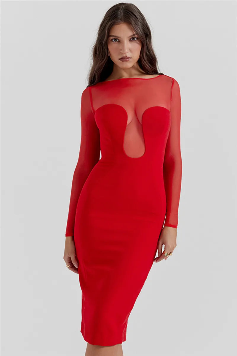Elegant Strapless Sexy Midi Dress For Women Fashion Sheer Long Sleeve Backless Split Bodycon Club Party Sexy Long Dress