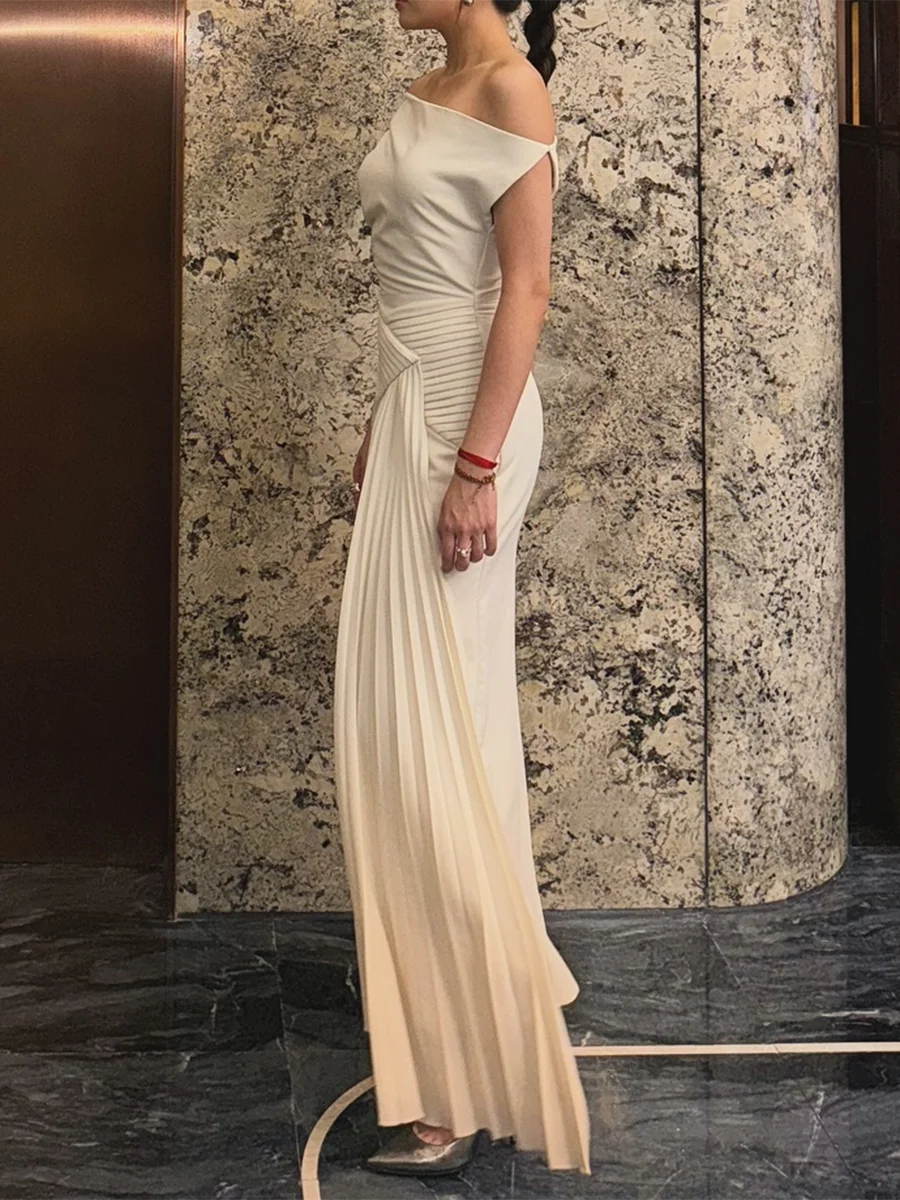 Solid Spliced Folds Slimming Dresses For Women Slash Neck Sleeveless High Waist Temperament Dress Female Fashion