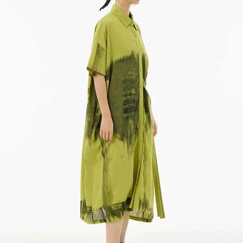 Load image into Gallery viewer, Women Green Pattern Printed Belted Big Size Shirt Dress New Lapel Short Sleeve Fashion Tide Spring Summer 2025  1DH5759

