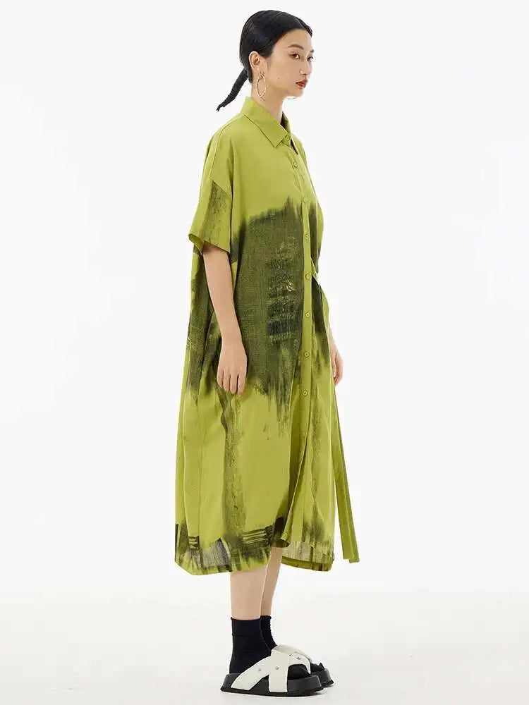 Women Green Pattern Printed Belted Big Size Shirt Dress New Lapel Short Sleeve Fashion Tide Spring Summer 2025  1DH5759