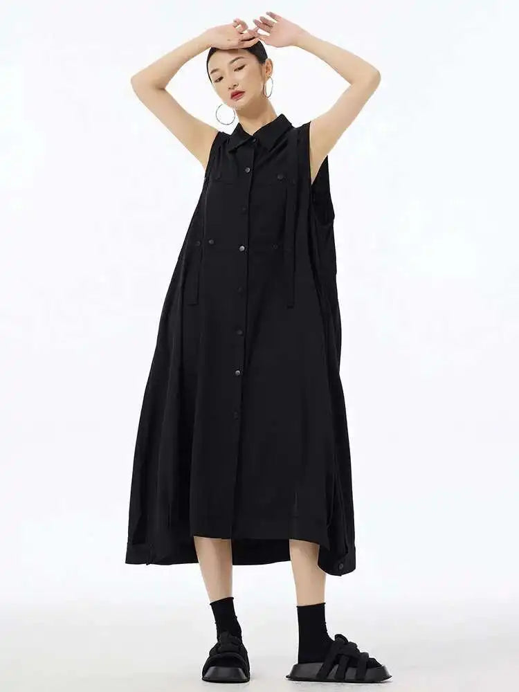 Women Army Green Button Big Size Midi Casual Shirt Dress New Lapel Sleeveless Fashion Tide Spring Summer 2025  1DH6614