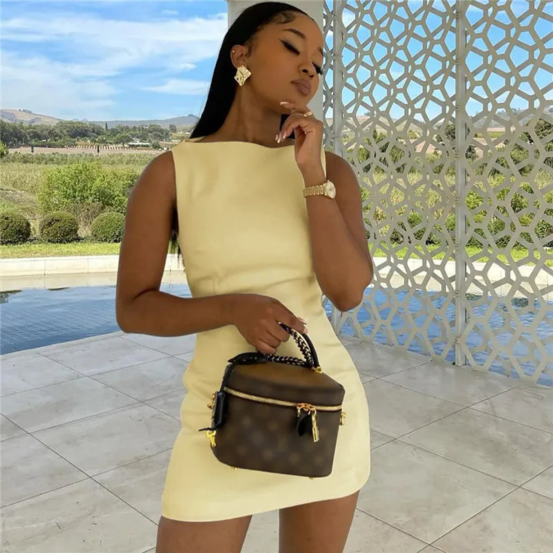 Fashion Sleeveless Sexy Mini Dress For Women Solid Color O Neck Zipper Two Layer Bodycon Club Party Dress Elegant