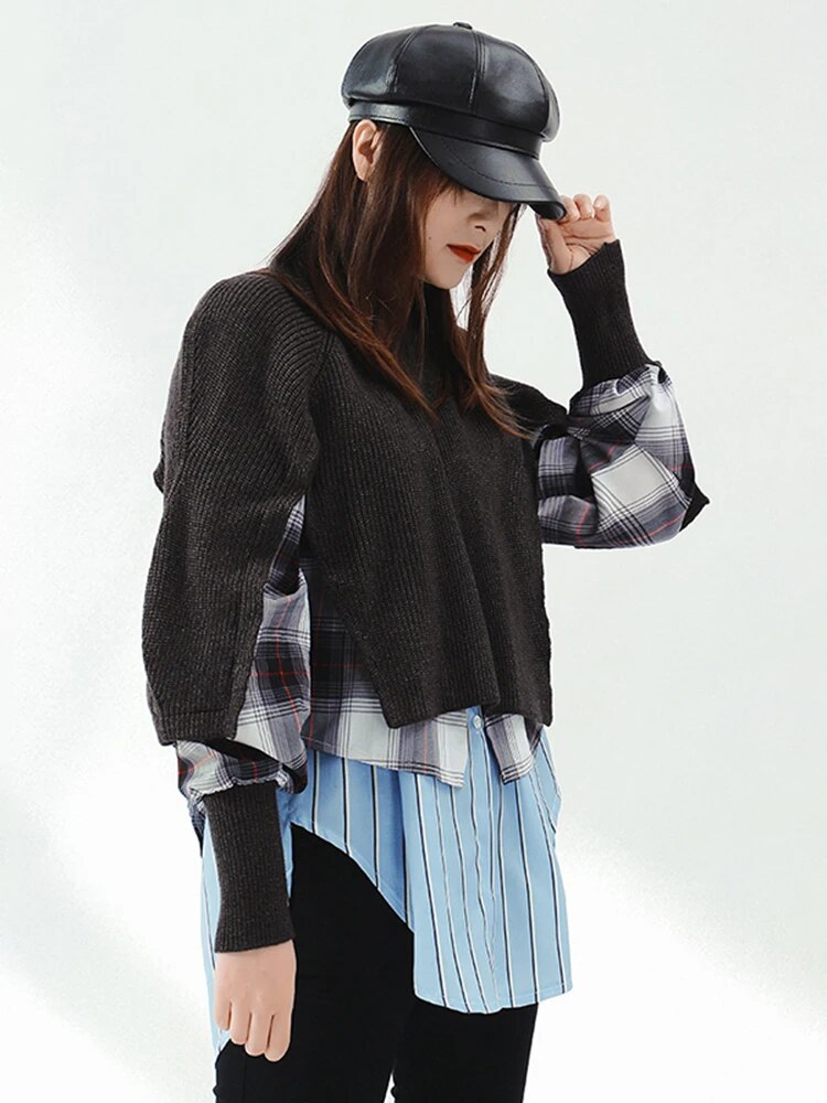 Hit Color Patchwork Sweater For Women Round Neck Long Sleeve Plaid Casual Loose Sweater Female Fashion Clothes