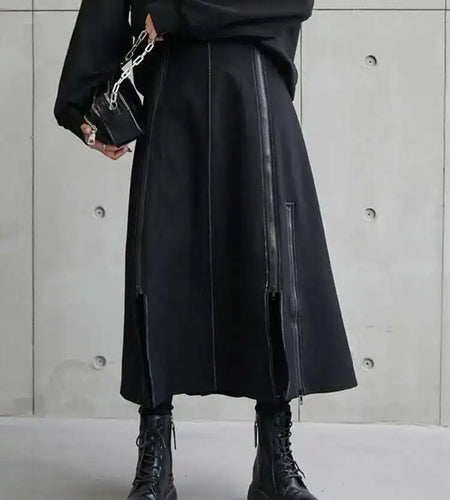 High Elastic Waist Black Zipper Irregular Casual Long Half-body Skirt Women Fashion Tide New Spring Autumn 2025 1DE1910