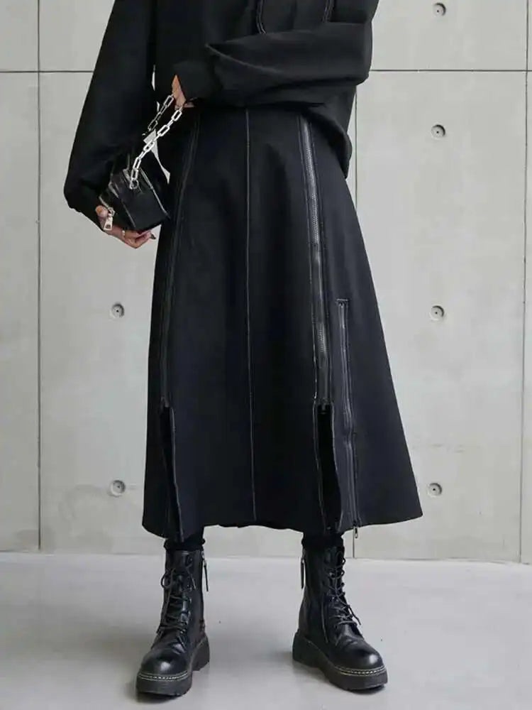 High Elastic Waist Black Zipper Irregular Casual Long Half-body Skirt Women Fashion Tide New Spring Autumn 2025 1DE1910