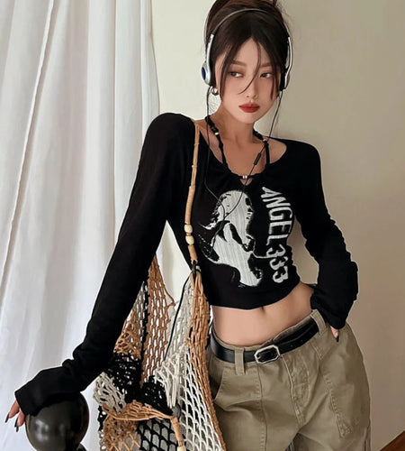 Harajuku Grunge Skinny Black Tshirts Women American Retro Letter Print Tees Female Streetwear Vintage Cropped Tops