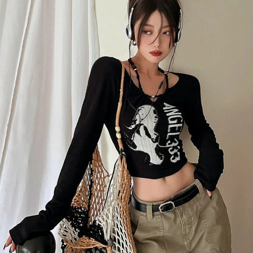Load image into Gallery viewer, Harajuku Grunge Skinny Black Tshirts Women American Retro Letter Print Tees Female Streetwear Vintage Cropped Tops
