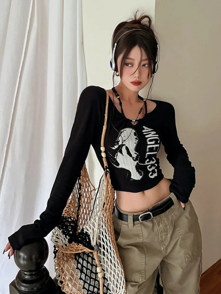 Harajuku Grunge Skinny Black Tshirts Women American Retro Letter Print Tees Female Streetwear Vintage Cropped Tops