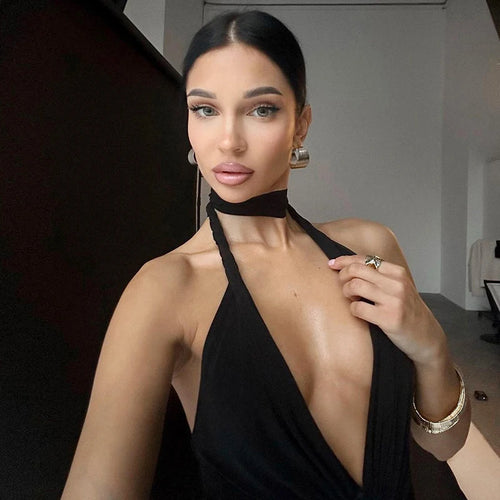 Load image into Gallery viewer, Halter Deep V Neck Sexy Maxi Dress For Women Gown Black Sleeveless Backless Bodycon Ruched Club Party Long Dress
