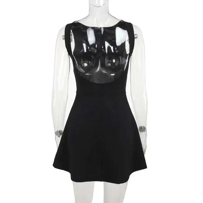 Elegant Backless Mini Tank Dress For Women Fashion Black O Neck Sleeveless Club Party A-line Basics Sexy Dress New