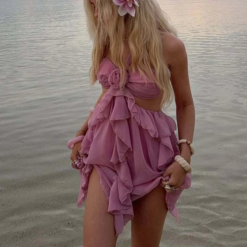 Load image into Gallery viewer, Rose Halter Backless Sexy Mini Dress Women Pink Off-shoulder Strapless Sleeveless High Waist Club Party Beach Dress
