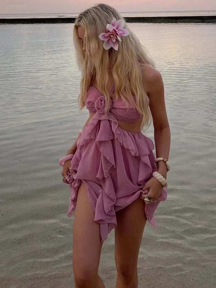 Rose Halter Backless Sexy Mini Dress Women Pink Off-shoulder Strapless Sleeveless High Waist Club Party Beach Dress