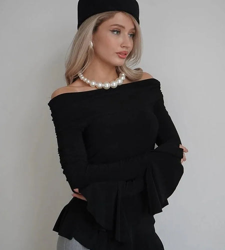 Fashion Long Flared Sleeves Leaf Edge High Elasticity Tight  Women's Top T-shirt Slim Spring/summer New 2025 Streetwear