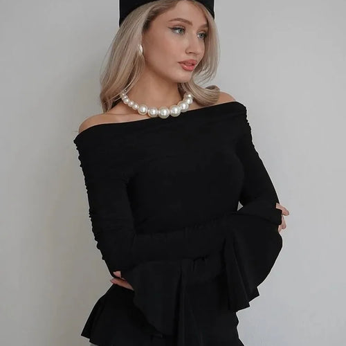 Load image into Gallery viewer, Fashion Long Flared Sleeves Leaf Edge High Elasticity Tight  Women&#39;s Top T-shirt Slim Spring/summer New 2025 Streetwear
