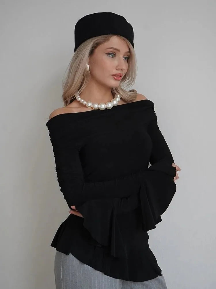 Fashion Long Flared Sleeves Leaf Edge High Elasticity Tight  Women's Top T-shirt Slim Spring/summer New 2025 Streetwear