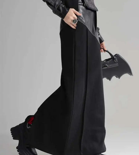 High Waist Black Pu Leather Spliced Long Back Slit Elegant Half-body Skirt Women Fashion New Spring Autumn 2025 1DH3993