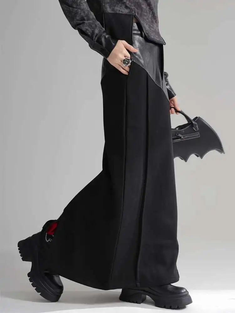 High Waist Black Pu Leather Spliced Long Back Slit Elegant Half-body Skirt Women Fashion New Spring Autumn 2025 1DH3993