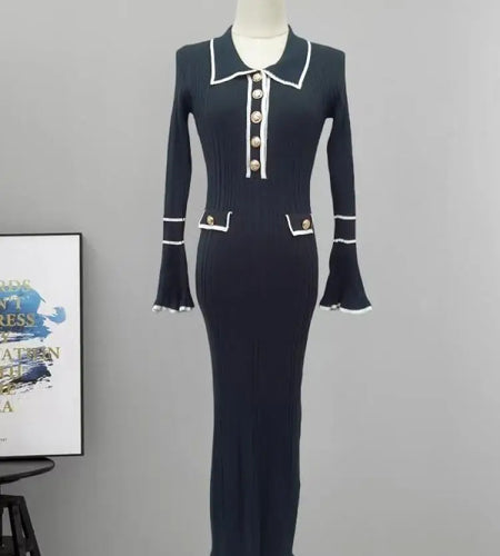 Autumn Winter Patchwork Single-breasted Casual Pullover Sweater Dress Elegant Office Women's Temperament Long Sleeve Knit Dress