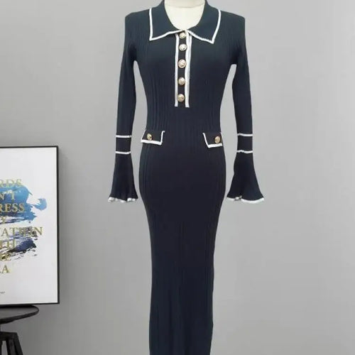 Load image into Gallery viewer, Autumn Winter Patchwork Single-breasted Casual Pullover Sweater Dress Elegant Office Women's Temperament Long Sleeve Knit Dress
