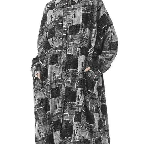 Load image into Gallery viewer, Women Black Pattern Printed Pocket Big Size Midi Shirt Dress New Lapel Long Sleeve Fashion Tide Spring Autumn 2025 1DH4102
