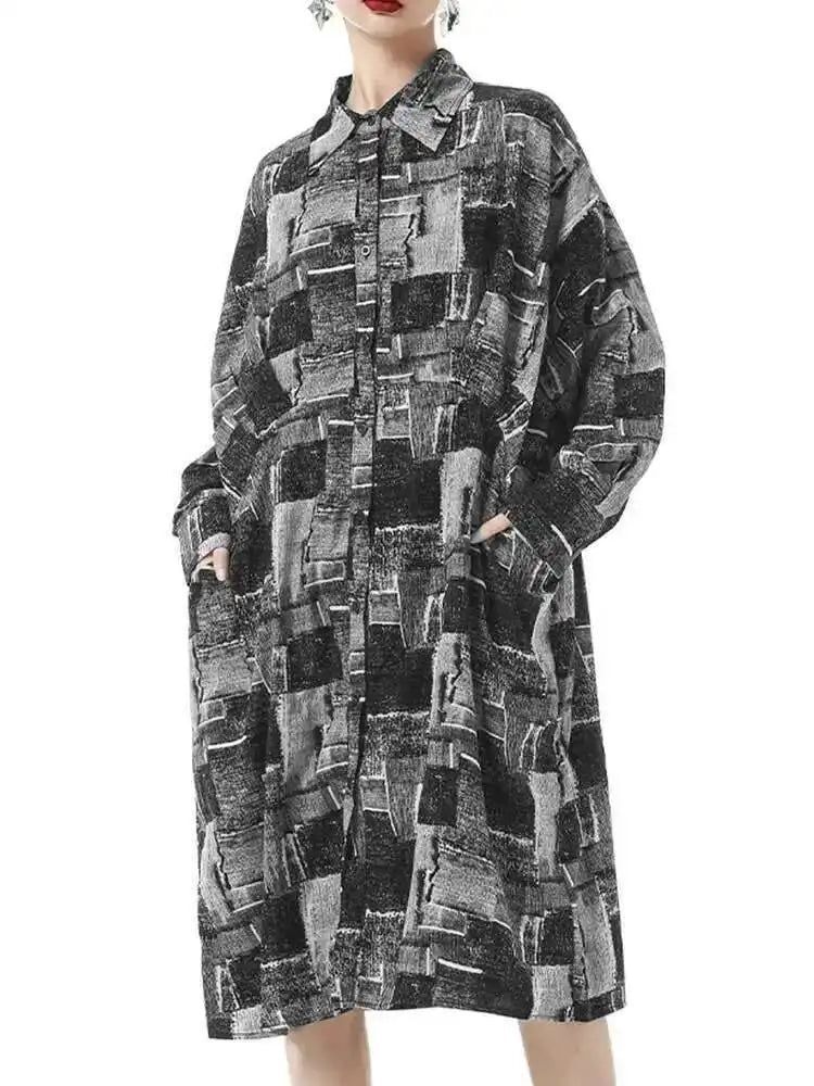 Women Black Pattern Printed Pocket Big Size Midi Shirt Dress New Lapel Long Sleeve Fashion Tide Spring Autumn 2025 1DH4102