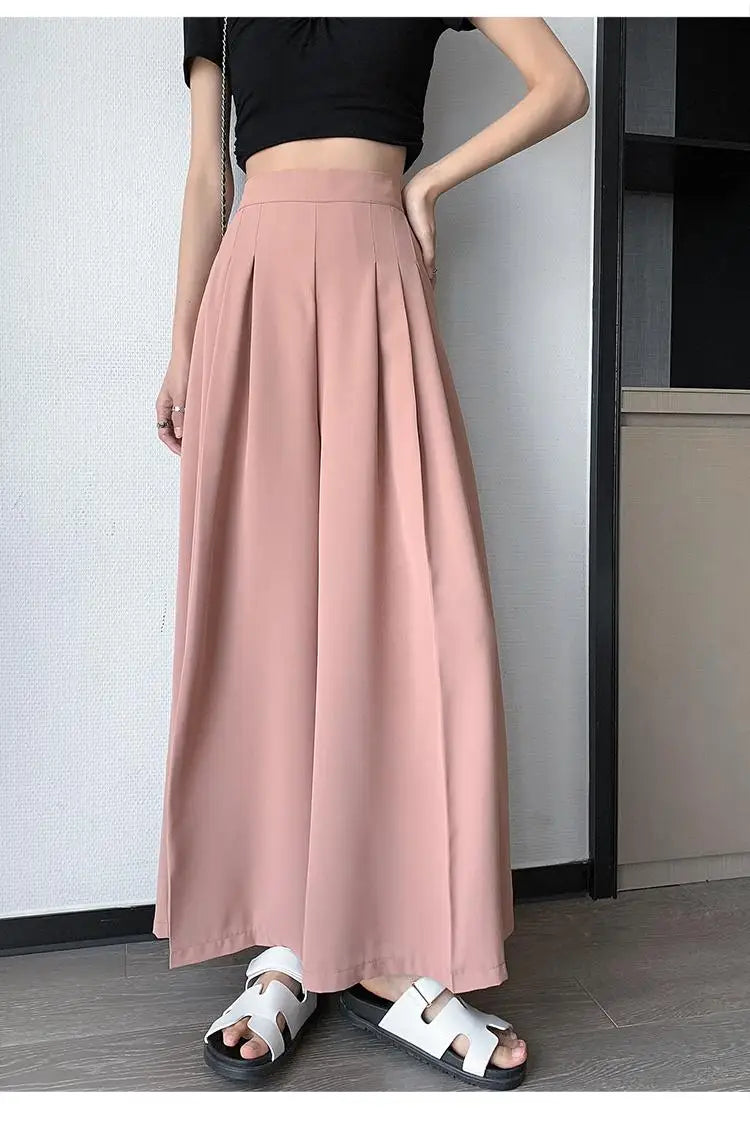 Spring Summer New Korean Women Pink Black Holiday Pleated Trousers Brown High Waist Wide Leg Long Pant Casual Streetwear 