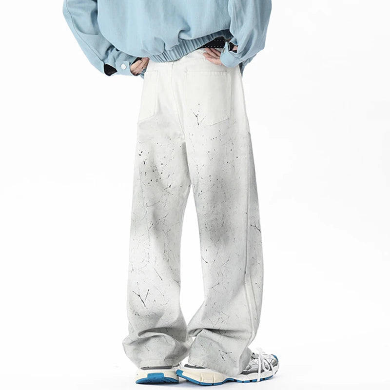 Men's Jeans New Summer Korean Tie-dyed Paint Dot Splash Ink White Casual Handsome Straight Leg Male Bottoms 9W1675