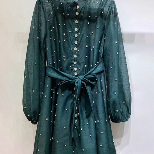 Load image into Gallery viewer, Solid Spliced Lace Up Loose Dresses For Women O Neck Long Sleeve High Waist Temperament Dress Female Clothes New
