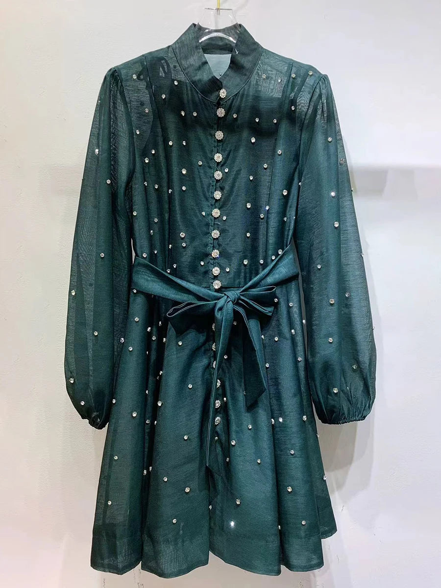 Solid Spliced Lace Up Loose Dresses For Women O Neck Long Sleeve High Waist Temperament Dress Female Clothes New