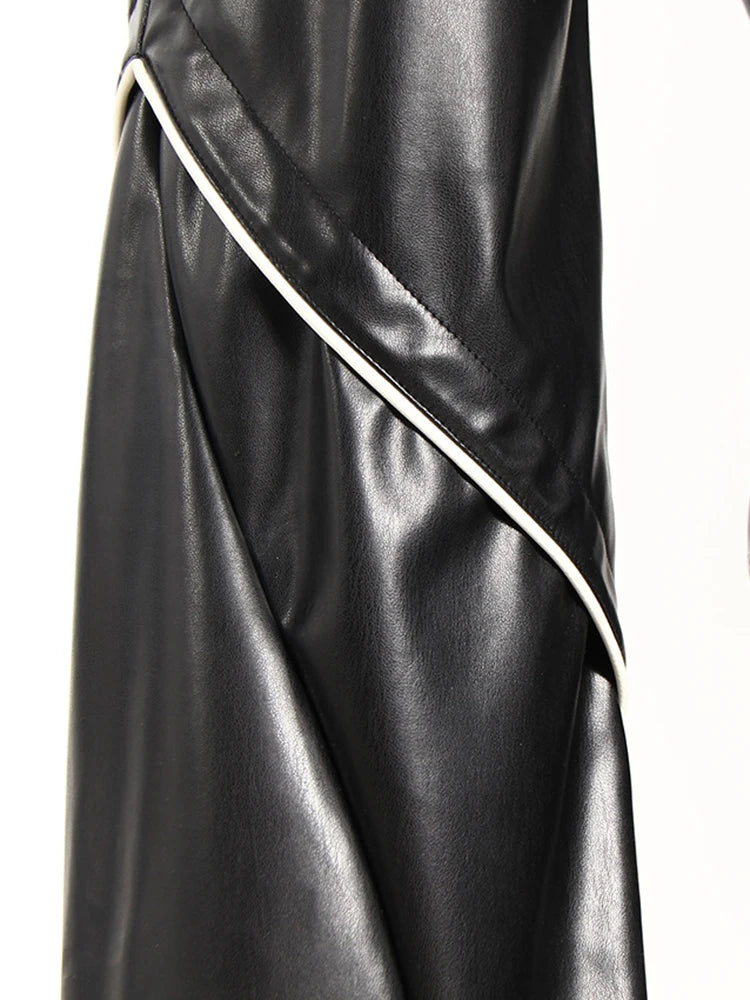 High Waist Black White Pu Leather Color-block Casual Pants New Trousers Women Fashion Tide Spring Autumn 2025 7AB4744