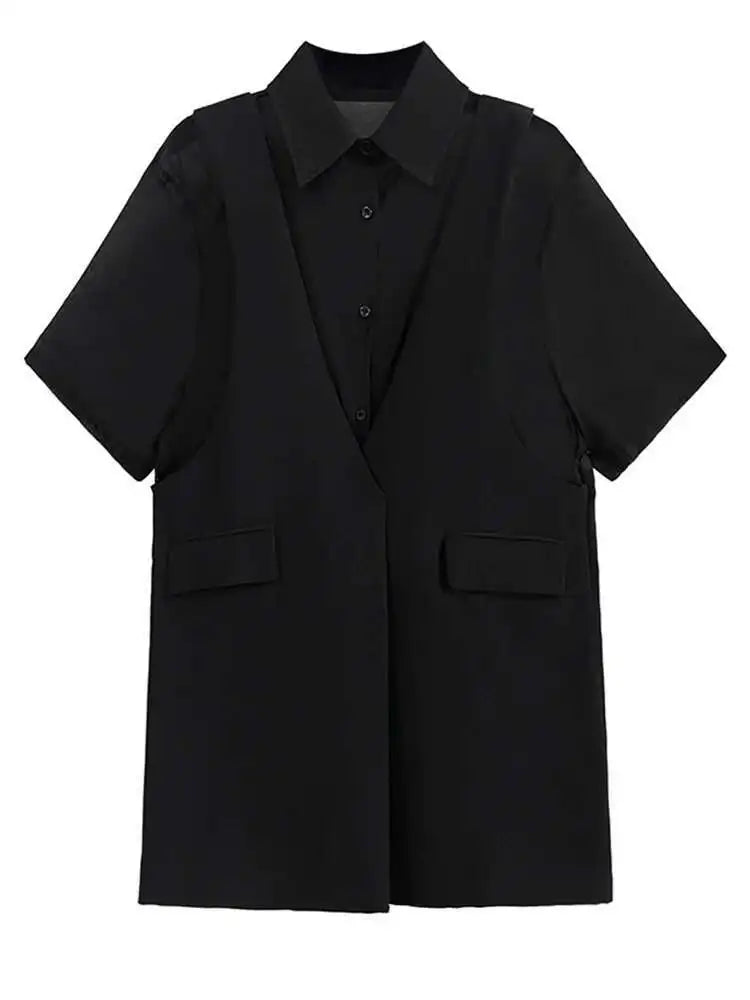 Women Black Pocket Perspective Big Size Mini Shirt Dress New Lapel Half Sleeve Fashion Tide Spring Autumn 2025 1DH5144