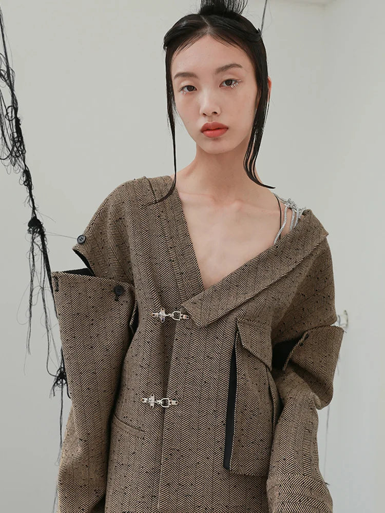 Loose Fit Big Size Irregualr Pocket Woolen Coat Parkas New Long Sleeve Women Fashion Tide Autumn Winter 2025 1DD2175