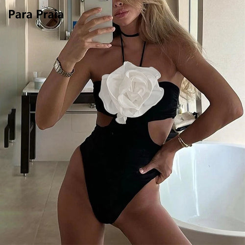 Load image into Gallery viewer, Floral Halter One Piece Swimsuit Women 2023 Sexy Swimwear 3D Flower Bathing Suit Hollow Out High Waist Monokini
