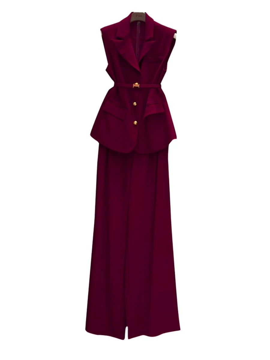 Solid Temperament Two Piece Sets for Women Lapel Sleeveless Spliced Single Breasted Top High Waist Pant Set Female