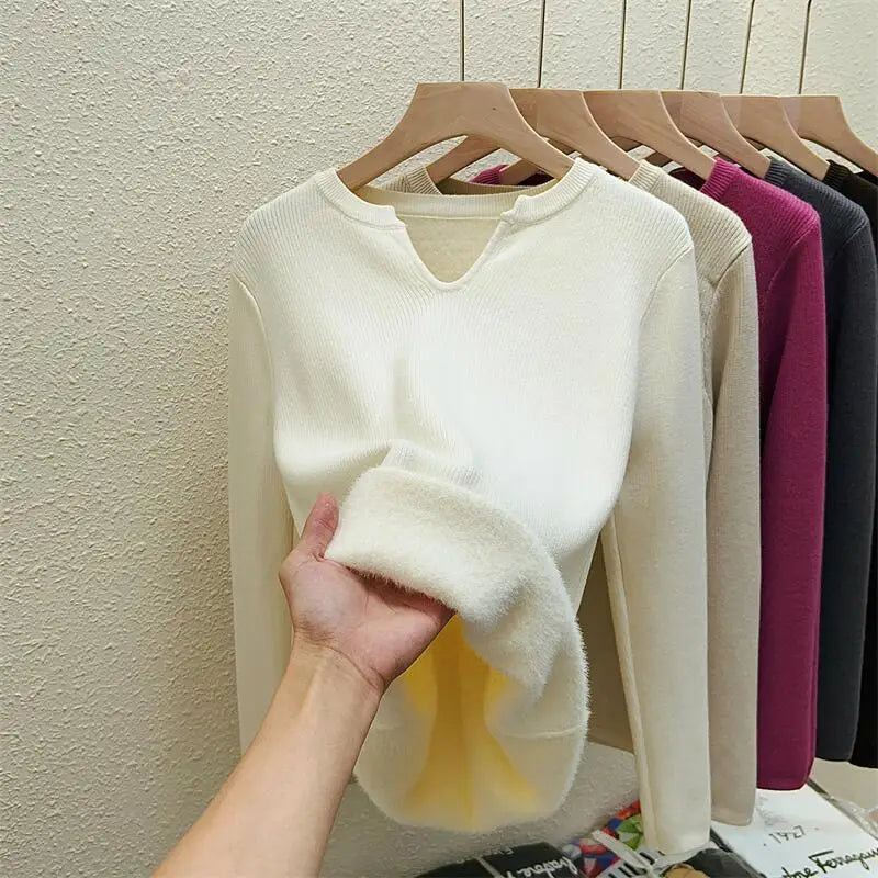 Autumn Winter Korean Fashion Solid V Neck Velvet Knit Crochet Sweater Women Warm Long Sleeve Pullovers Tops Casual Popular Trend