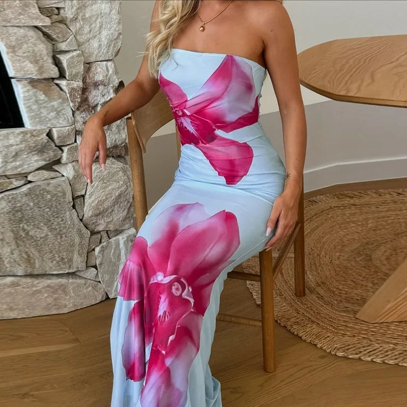 Off-shoulder Print Sexy Maxi Dress Women Gown Summer New Strapless Sleeveless Backless Bodycon Long Dress Elegant